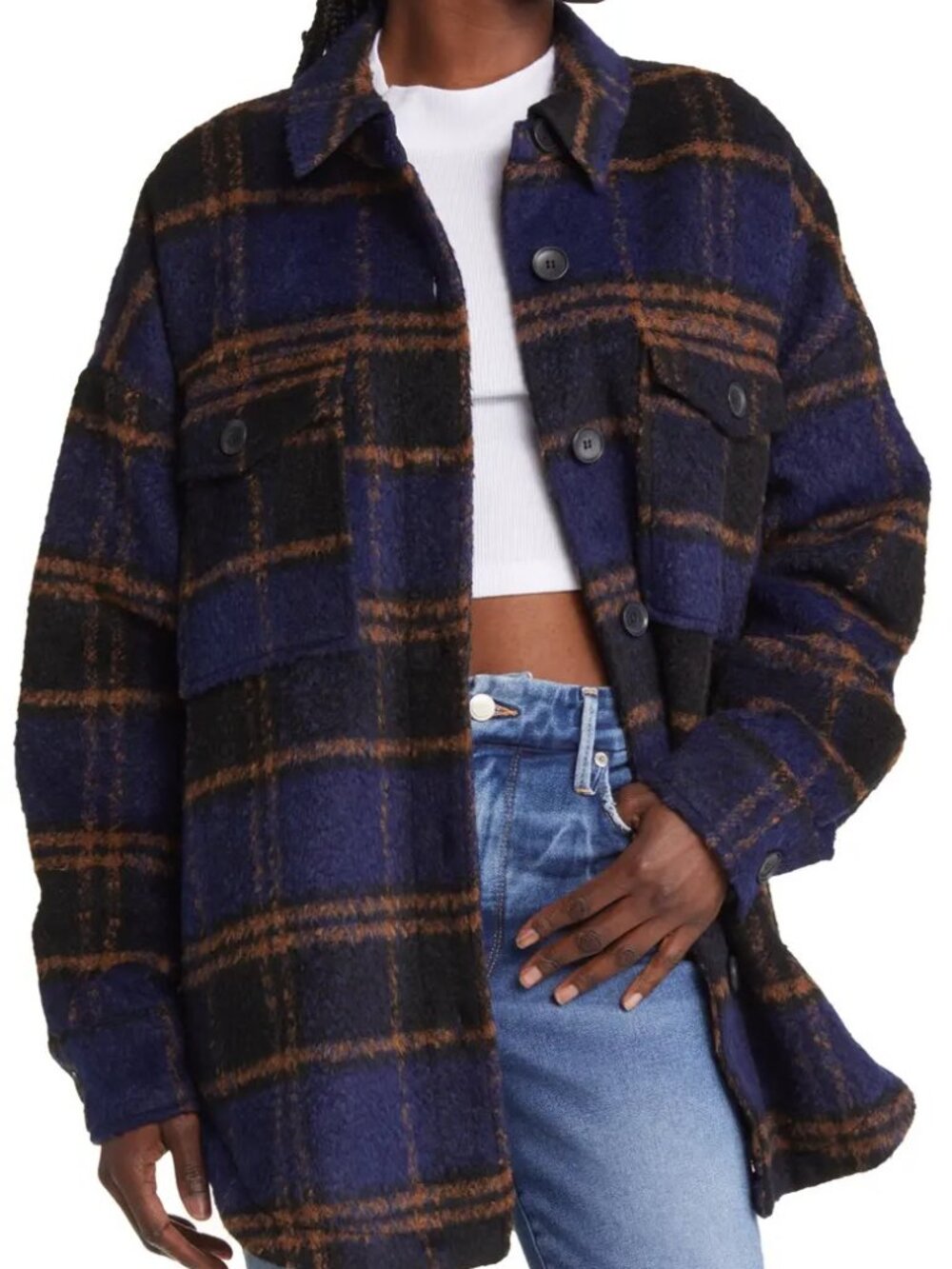 Good American | Oversized Plaid Wool Blend Shacket | Blue | Size 1/2 or S/M